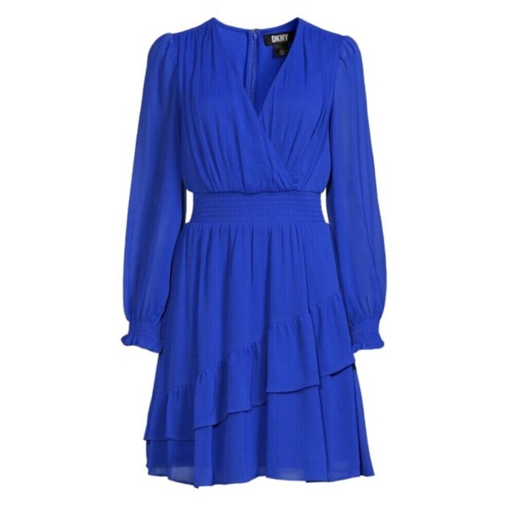 NWT’S DKNY Smocked V Neck Mini m electric Blue Dress
